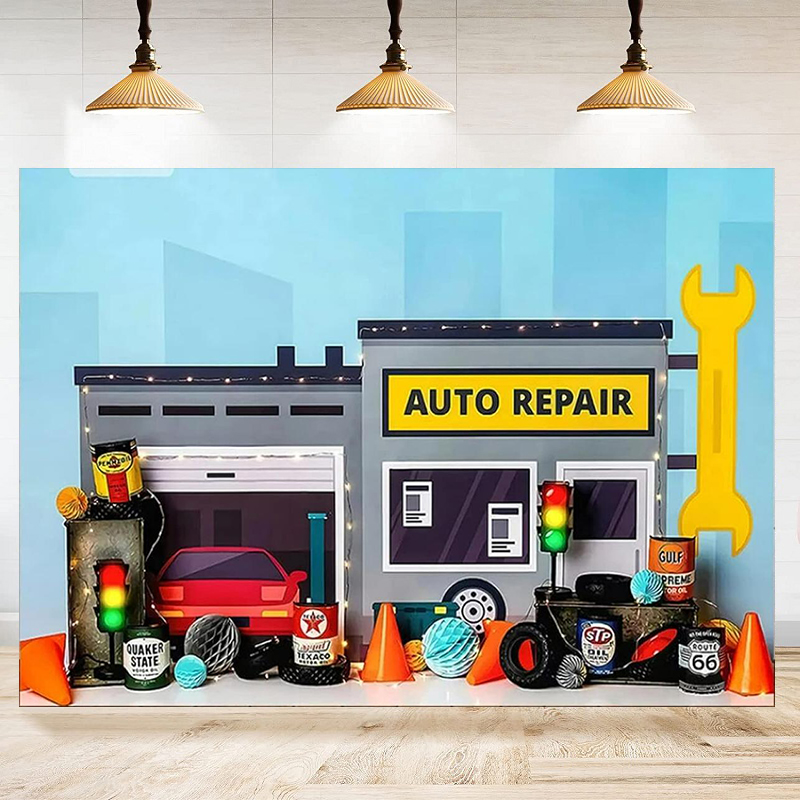Auto Repair Shop Background - Fotografie-Hintergrund für Autoreparaturwerkstatt, Kfz-Mechaniker, Jungen-Geburtstagsparty, Dekorationsbanner